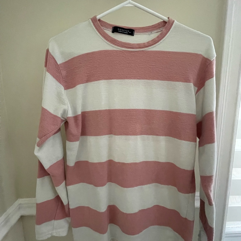 Sonoma Women's Pink and White Striped Crew Neck Sweater